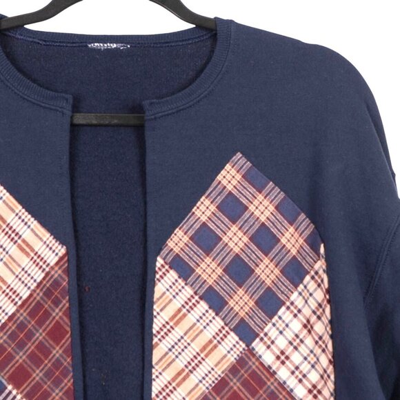 Plaid Patchwork Cardigan Sweatshirt L Blue Beige Red Contrast 90s Mom Grammacore - Picture 2 of 4